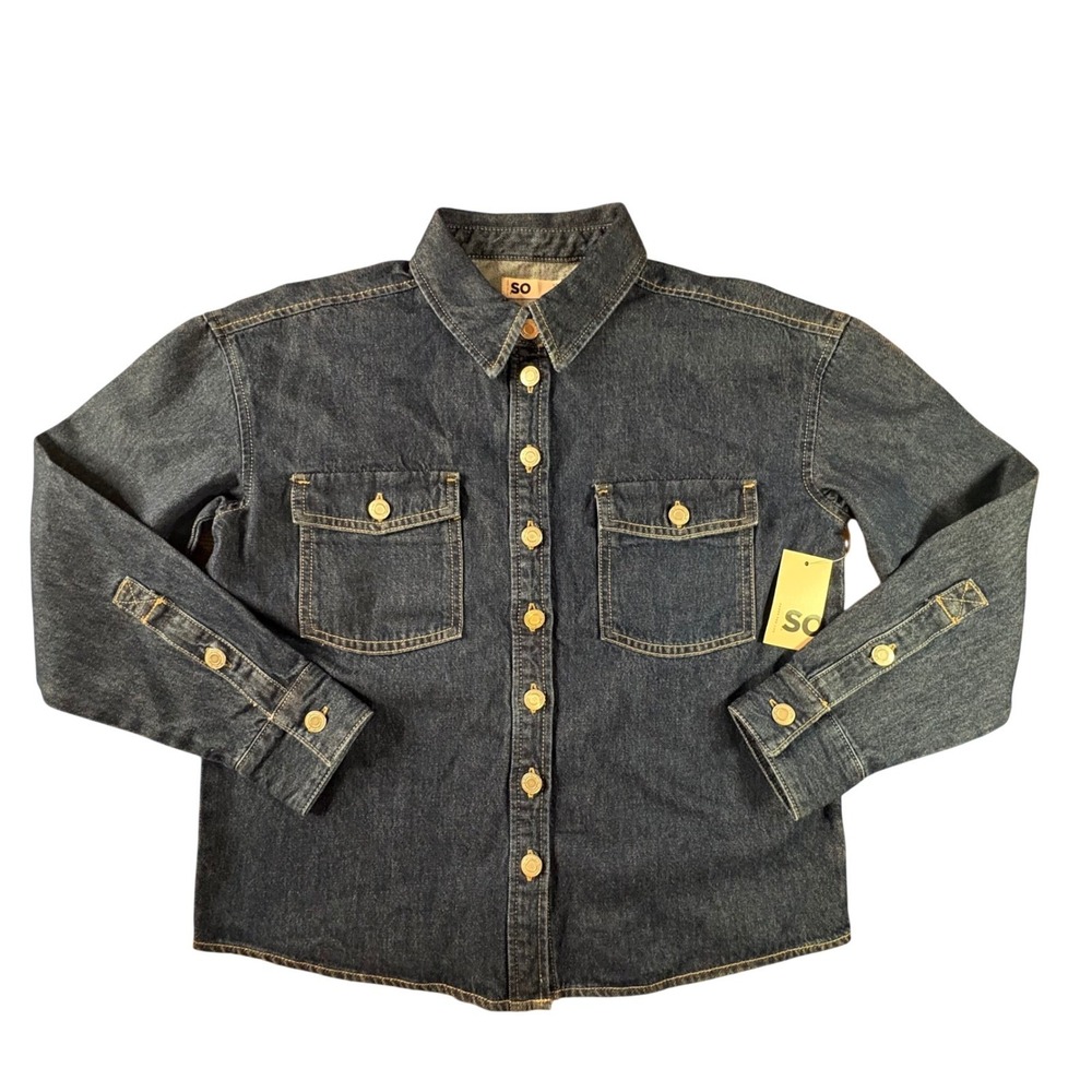 SO Denim Shirt Jacket Women XS Blue New Rigid Cotton Long Sleeve Button Down NWT